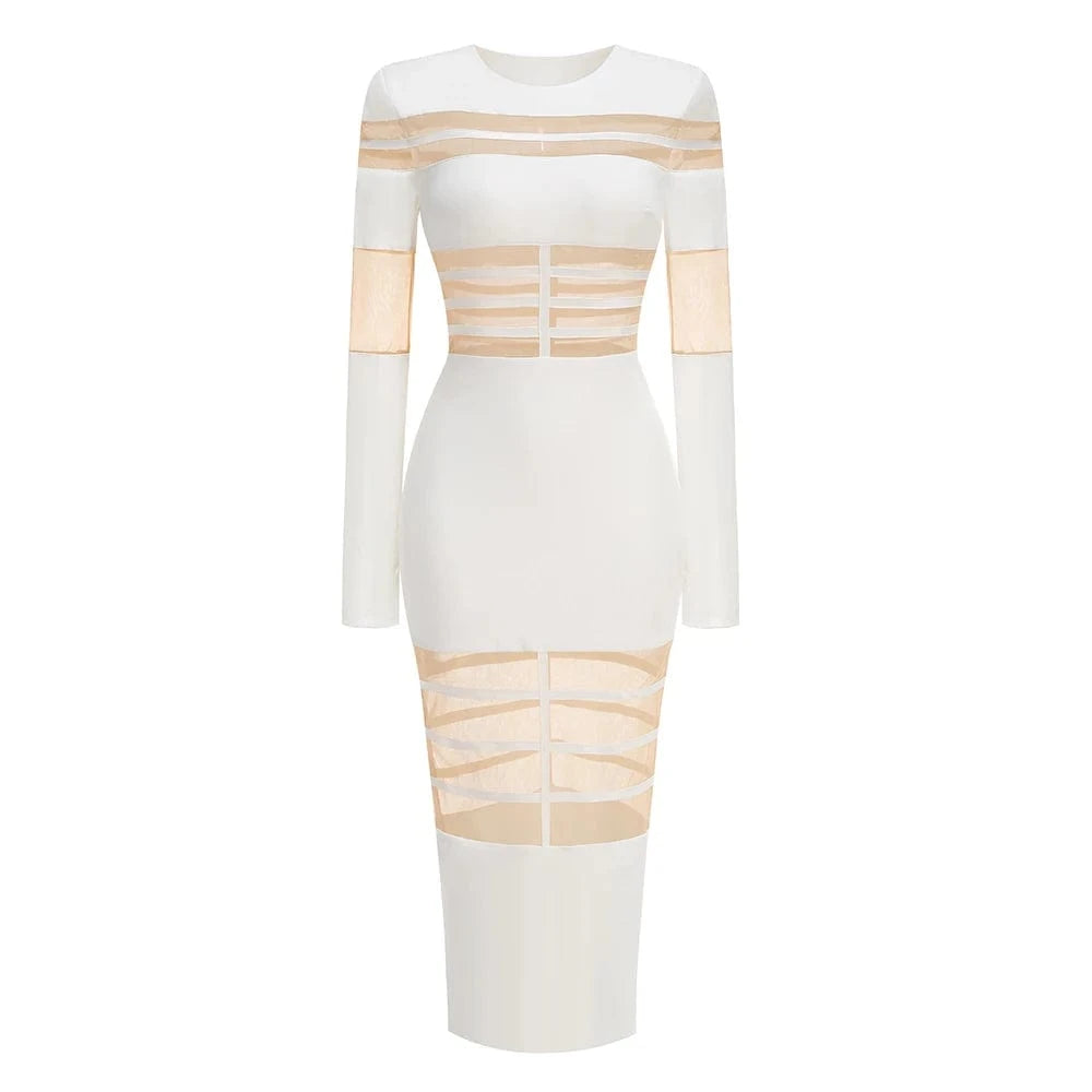 Women's 2025 Sexy Long Sleeve Mesh Ankle-Length Dress Celebrity Sheer Elegant Cut Out Details for Party Evening Club Vestido