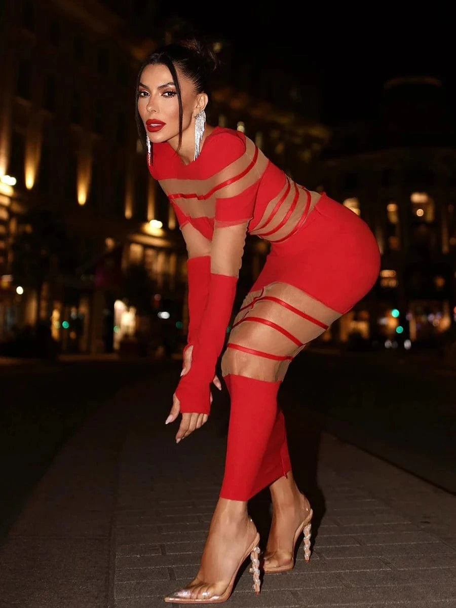 Women's 2025 Sexy Long Sleeve Mesh Ankle-Length Dress Celebrity Sheer Elegant Cut Out Details for Party Evening Club Vestido