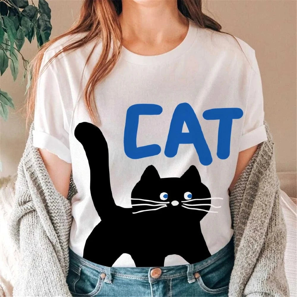 Women's Basic Crew Neck Tee Trendy Y2K Women's Short Sleeve Cartoon Cat Print Cute Aesthetic Cotton Casual T-Shirt