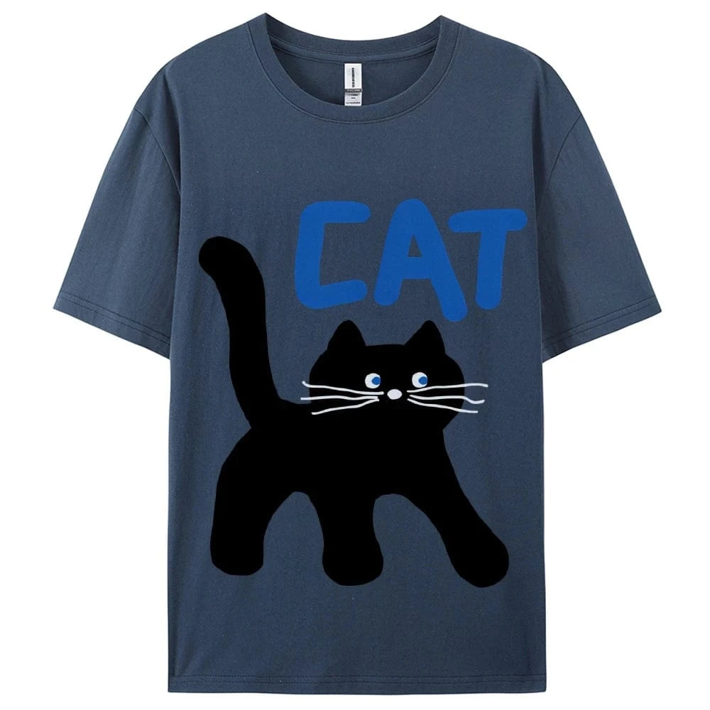 Women's Basic Crew Neck Tee Trendy Y2K Women's Short Sleeve Cartoon Cat Print Cute Aesthetic Cotton Casual T-Shirt