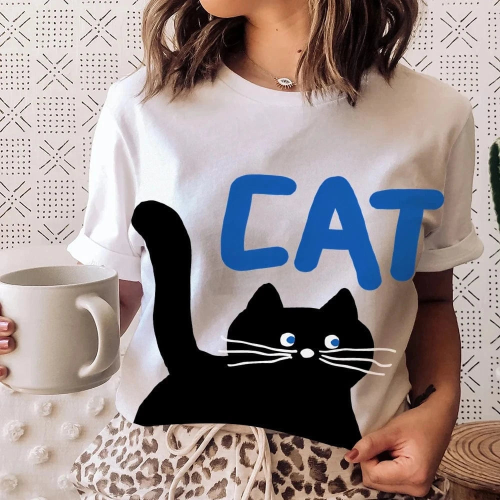 Women's Basic Crew Neck Tee Trendy Y2K Women's Short Sleeve Cartoon Cat Print Cute Aesthetic Cotton Casual T-Shirt