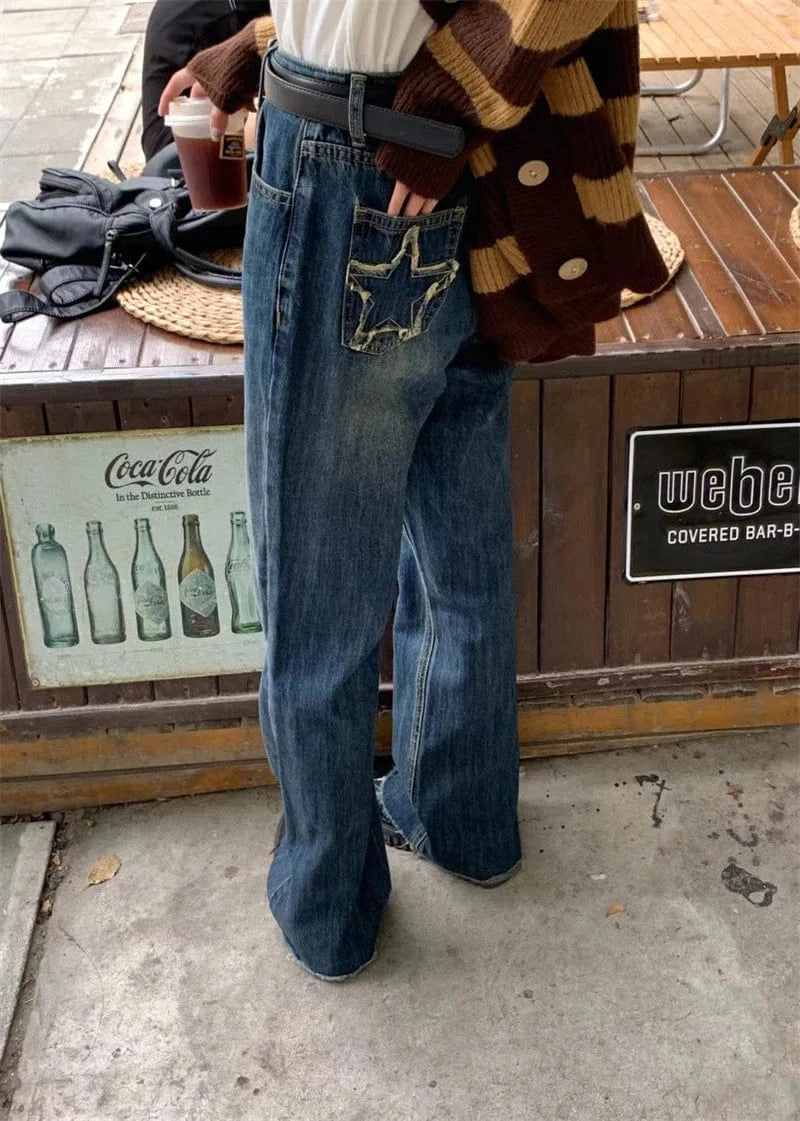 Women's Blue Wide Leg Jeans Star Pocket Vintage Straight Pants High Waist Baggy Streetwear Casual Denim Trouser Ladies 2022 New
