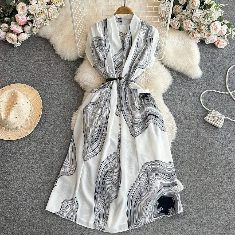 Women's Bohemian Seaside Vacation Beach Short Sleeve V-Neck Long a-Line Printed Casual Dresses
