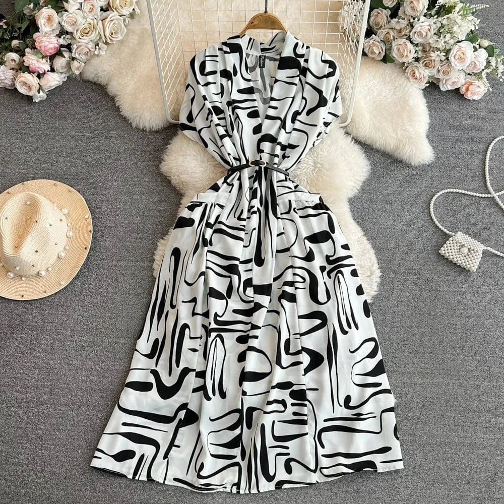 Women's Bohemian Seaside Vacation Beach Short Sleeve V-Neck Long a-Line Printed Casual Dresses