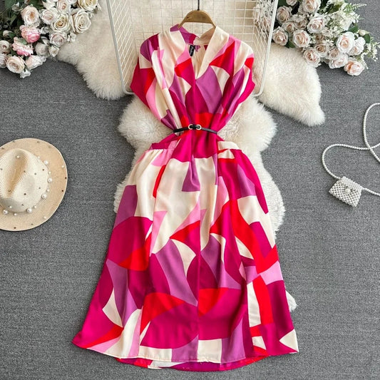 Women's Bohemian Seaside Vacation Beach Short Sleeve V-Neck Long a-Line Printed Casual Dresses