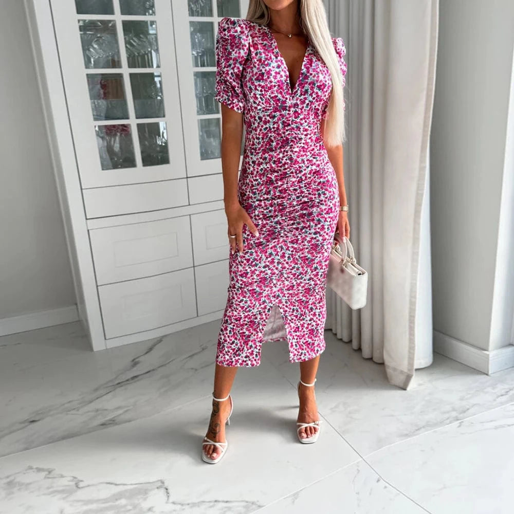 Women's Boho Floral Printed Puff Sleeve V-Neck Pleated Bodycon Midi Dress Summer Ladies Holiday Vacation Sundress Size S-2XL