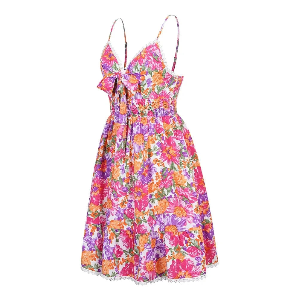 Women's Boho Floral Printed Strappy Skater Mini Dress Summer Ladies Casual Holiday Vacation Picnic Chic Sundress Size S-2XL