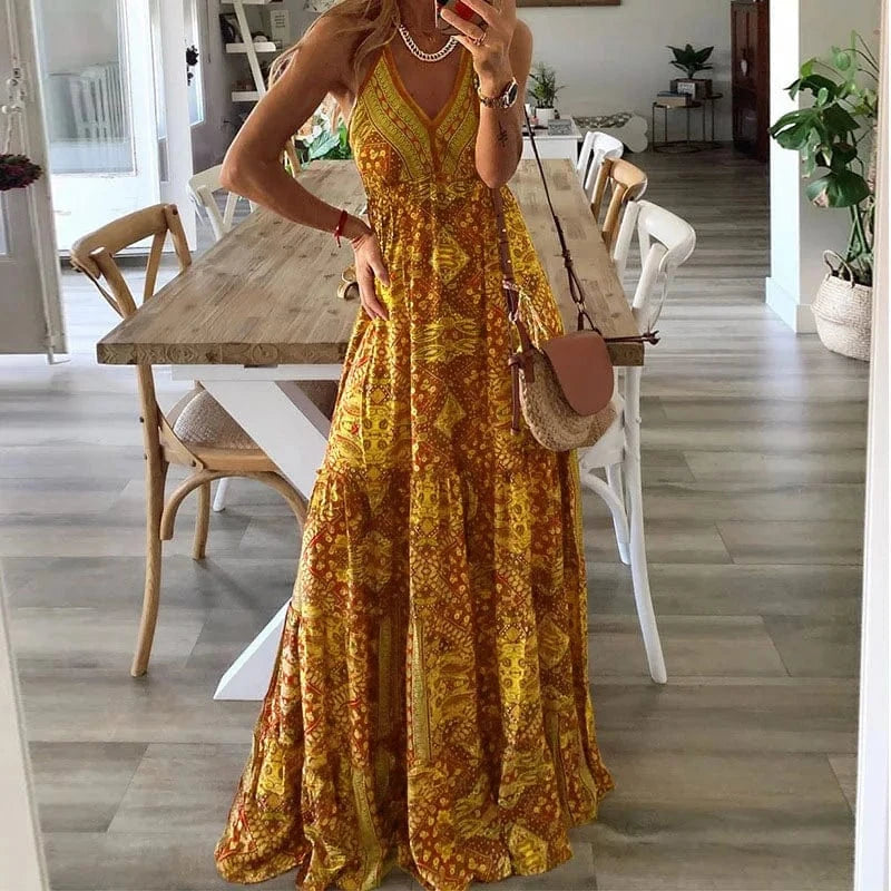Women's Boho Vintage Maxi Dress Sexy Flora Print Suspender Beach Dress traps Maxi Ruffles Sundress Backless dress