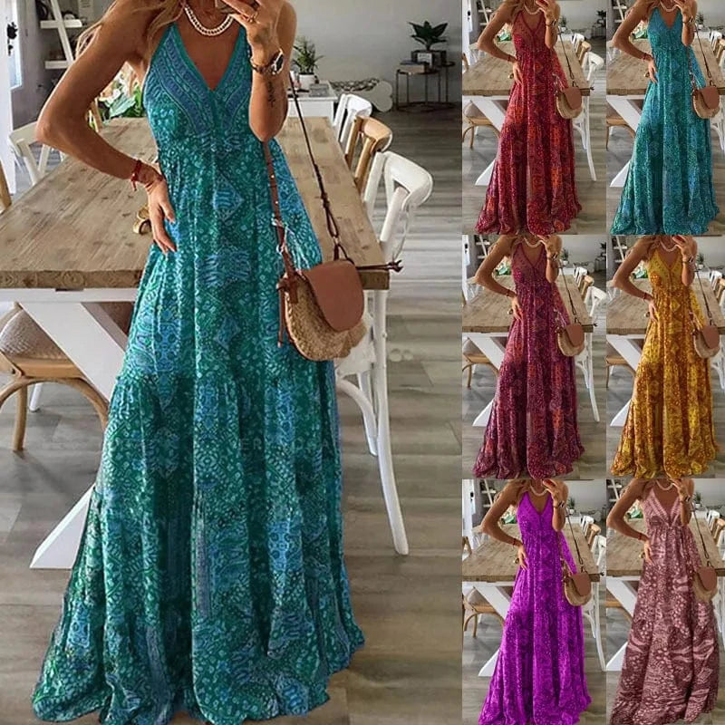 Women's Boho Vintage Maxi Dress Sexy Flora Print Suspender Beach Dress traps Maxi Ruffles Sundress Backless dress