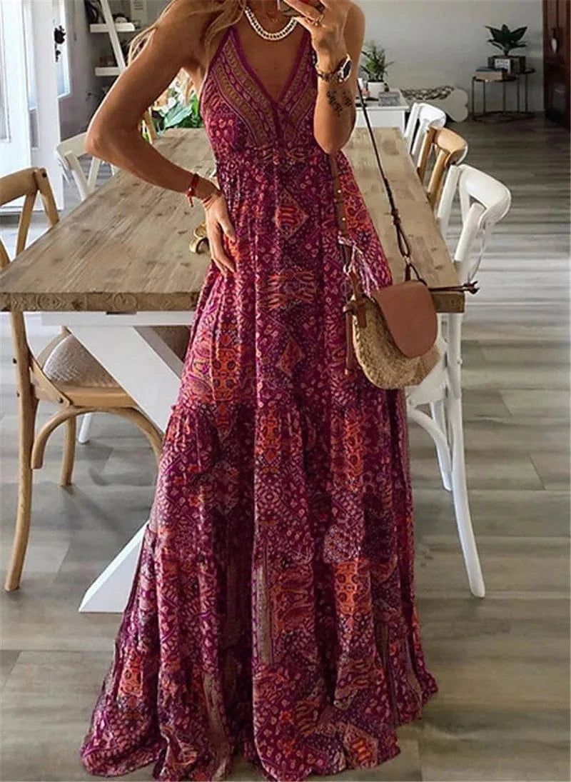 Women's Boho Vintage Maxi Dress Sexy Flora Print Suspender Beach Dress traps Maxi Ruffles Sundress Backless dress
