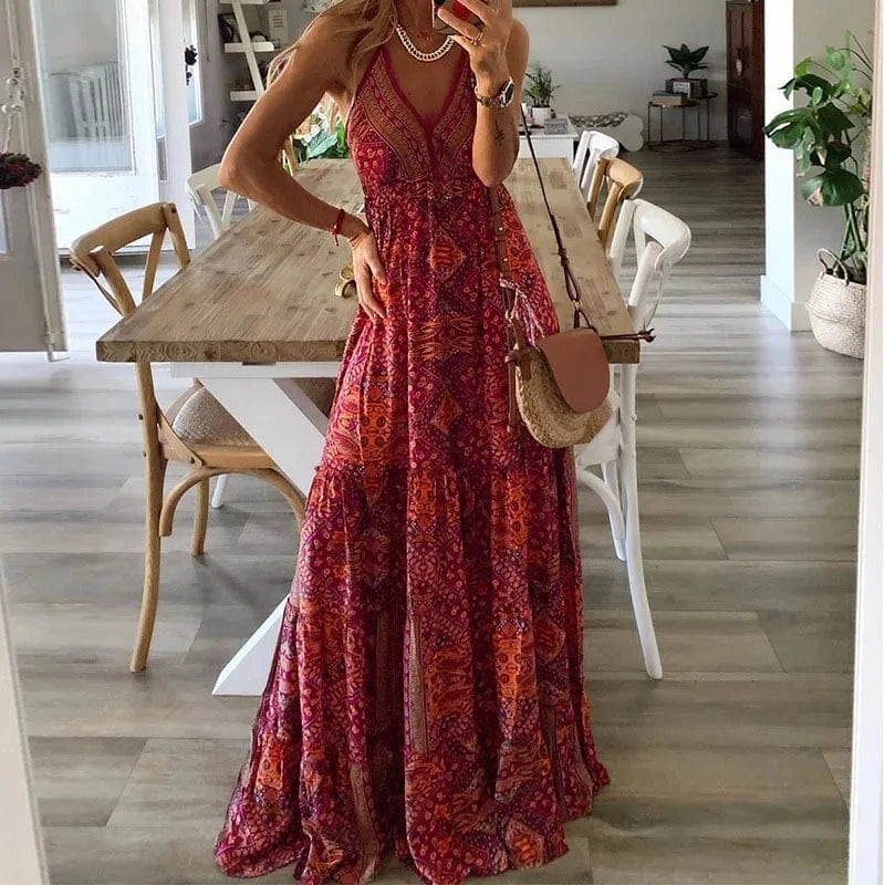 Women's Boho Vintage Maxi Dress Sexy Flora Print Suspender Beach Dress traps Maxi Ruffles Sundress Backless dress