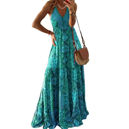 Women's Boho Vintage Maxi Dress Sexy Flora Print Suspender Beach Dress traps Maxi Ruffles Sundress Backless dress