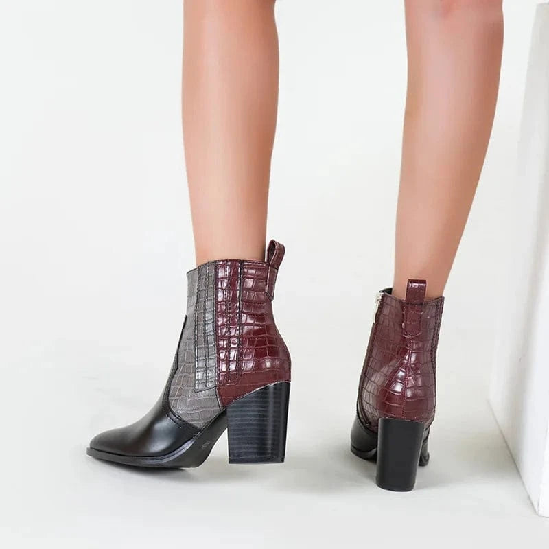 Women's Boots Autumn Winter Short Thick High Heels Short Boots Color Blocked Patchwork Martin Boots