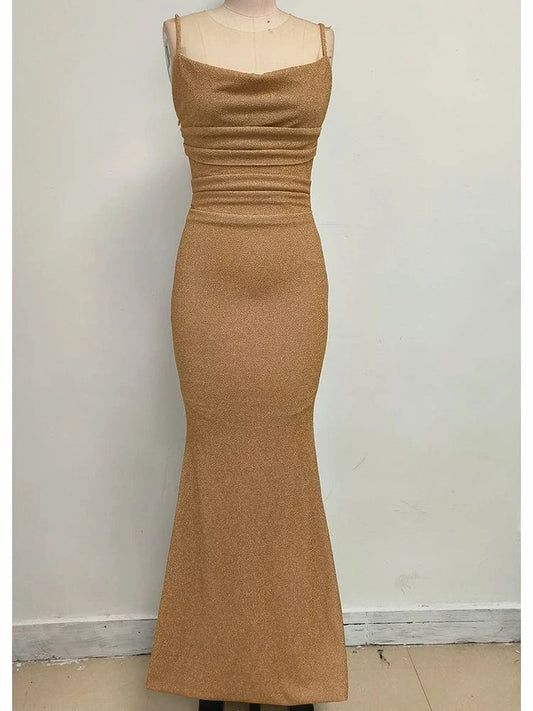 Women's Camel-Colored Spaghetti Strap Maxi Dress Ruched Mermaid-style Hot chick Slip Dress Evening Parties Special Occasions