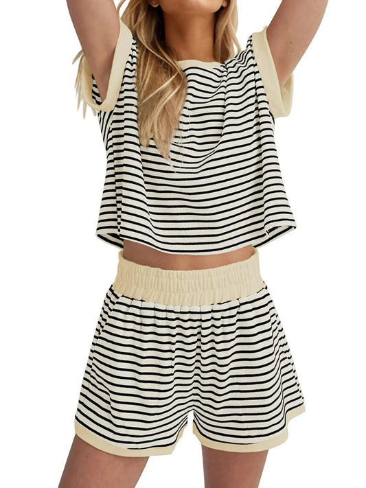 Women’s Casual 2 Piece Outfits Summer Short Sleeve Stripes Print Tops + Elastic Waist Shorts Set Loungewear for Sports Work Out