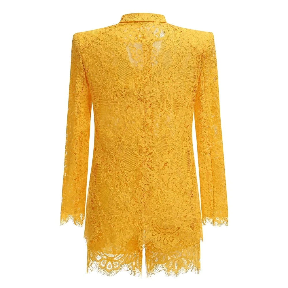 Women's Casual Chic Hollow Out Luxury High-Quality Lace Long Sleeve Suit Jacket High Waist Shorts Three Pieces Set Evening Party