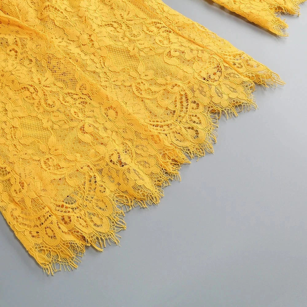 Women's Casual Chic Hollow Out Luxury High-Quality Lace Long Sleeve Suit Jacket High Waist Shorts Three Pieces Set Evening Party