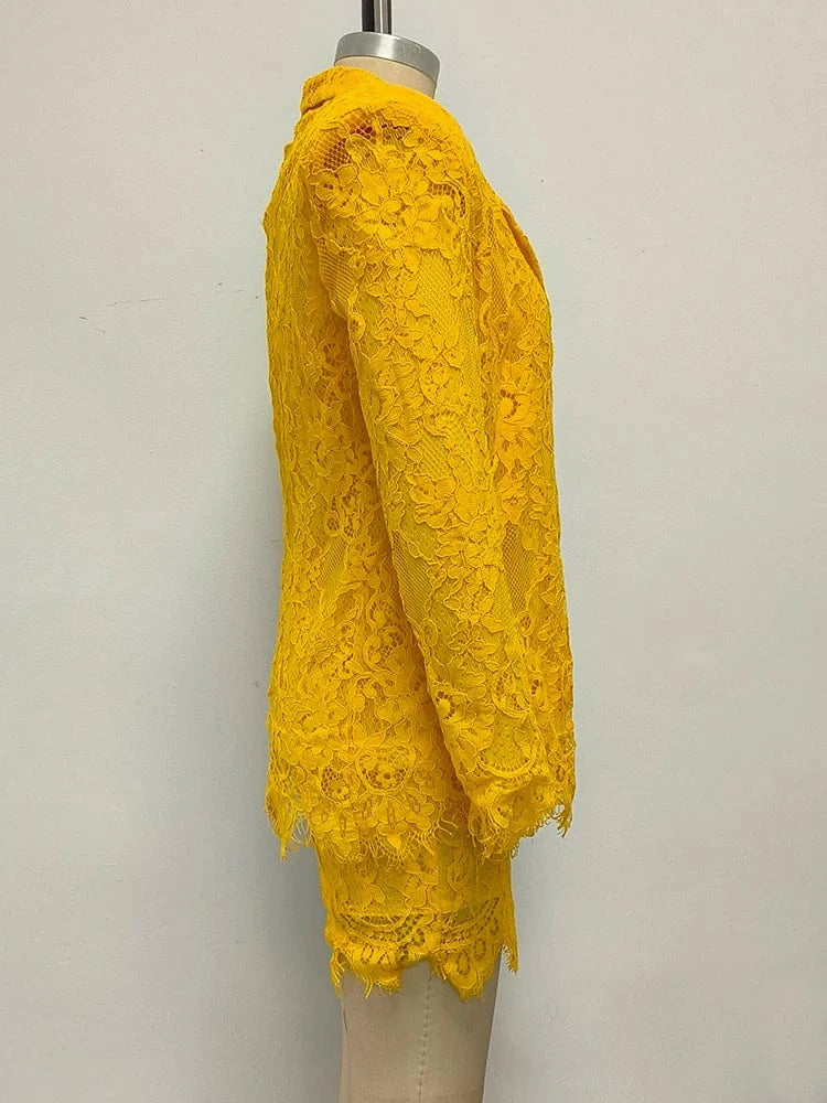 Women's Casual Chic Hollow Out Luxury High-Quality Lace Long Sleeve Suit Jacket High Waist Shorts Three Pieces Set Evening Party