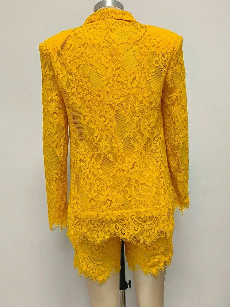 Women's Casual Chic Hollow Out Luxury High-Quality Lace Long Sleeve Suit Jacket High Waist Shorts Three Pieces Set Evening Party