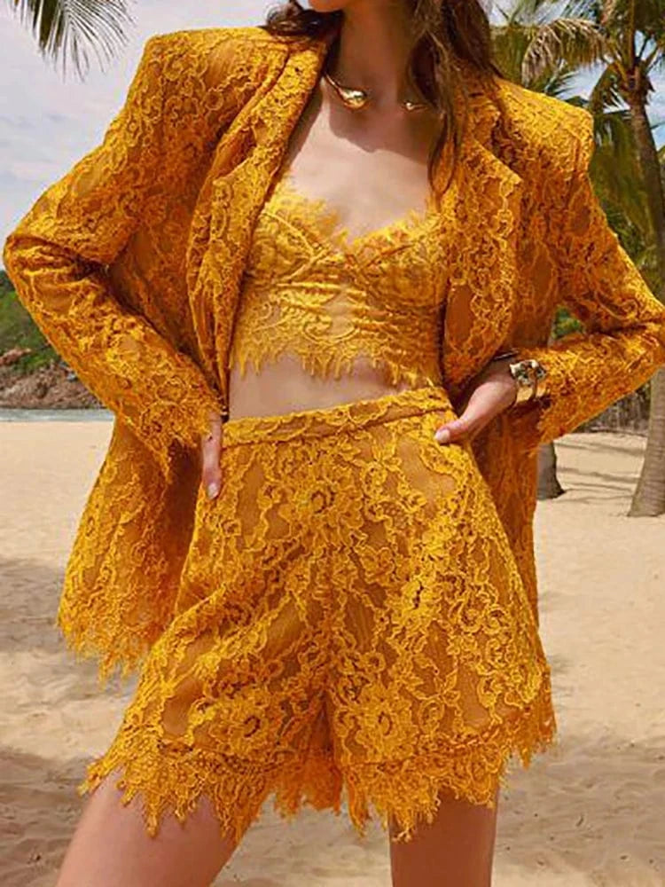 Women's Casual Chic Hollow Out Luxury High-Quality Lace Long Sleeve Suit Jacket High Waist Shorts Three Pieces Set Evening Party