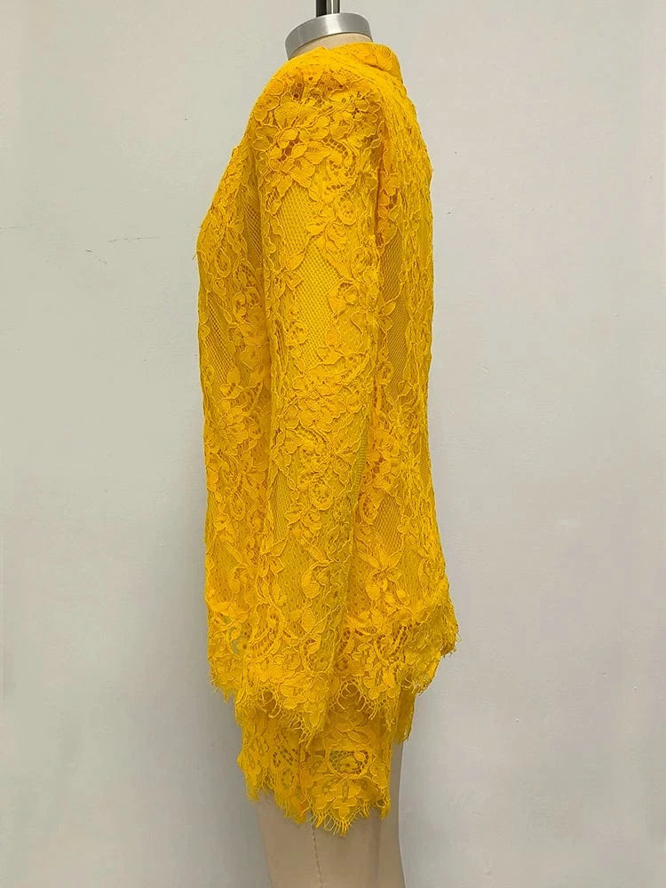 Women's Casual Chic Hollow Out Luxury High-Quality Lace Long Sleeve Suit Jacket High Waist Shorts Three Pieces Set Evening Party