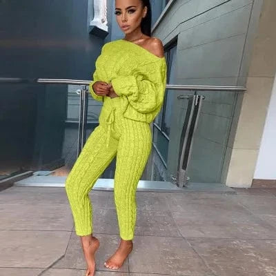 Women's Casual Knit 2 Piece Sets Autumn Winter Outfit Long Sleeve Sweater Pullover Crop Top and Pants Female Sexy Set