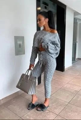 Women's Casual Knit 2 Piece Sets Autumn Winter Outfit Long Sleeve Sweater Pullover Crop Top and Pants Female Sexy Set
