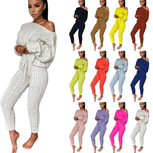 Women's Casual Knit 2 Piece Sets Autumn Winter Outfit Long Sleeve Sweater Pullover Crop Top and Pants Female Sexy Set