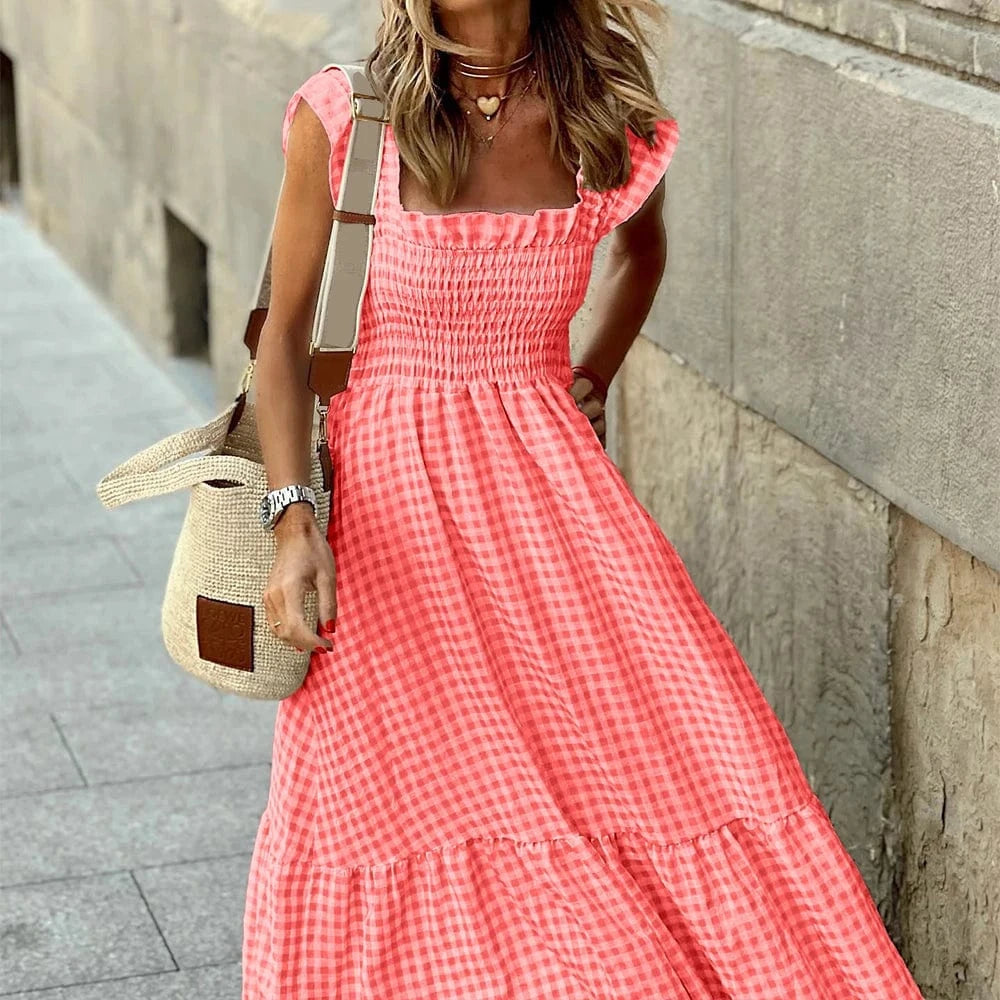 Women's Check Plaid Sleeveless Square Neck A-Line Maxi Dress Summer Ladies Casual Vacation Holiday Beach Sundress Size S-2XL
