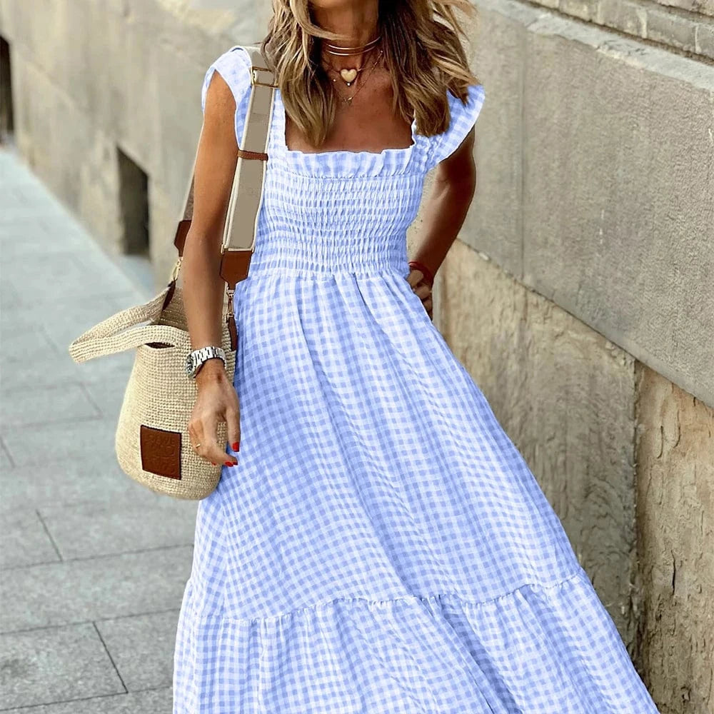 Women's Check Plaid Sleeveless Square Neck A-Line Maxi Dress Summer Ladies Casual Vacation Holiday Beach Sundress Size S-2XL
