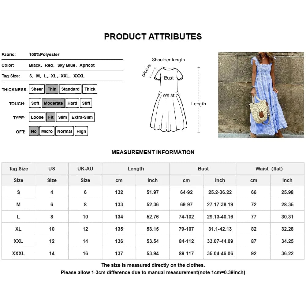 Women's Check Plaid Sleeveless Square Neck A-Line Maxi Dress Summer Ladies Casual Vacation Holiday Beach Sundress Size S-2XL