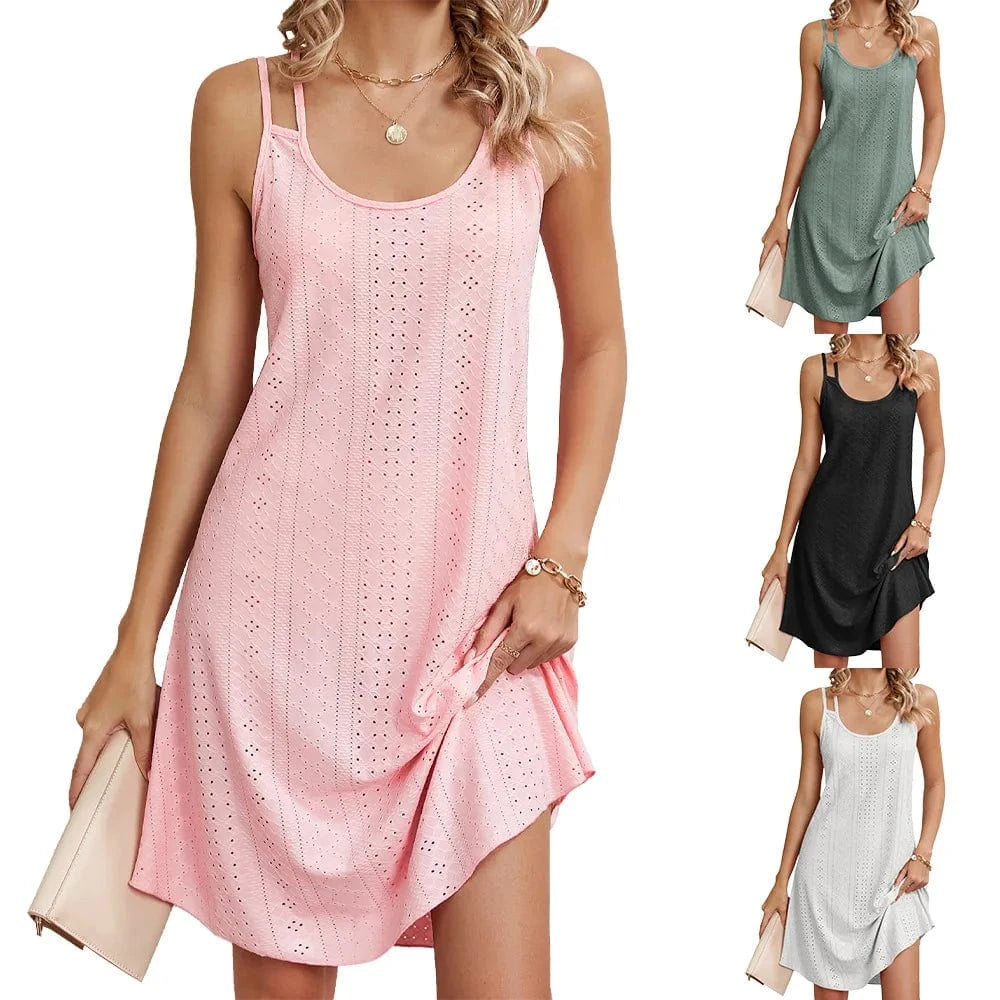 Women's Clothes New Summer Solid Color Crew-Neck Halting Loose Sleeveless Dress 2024