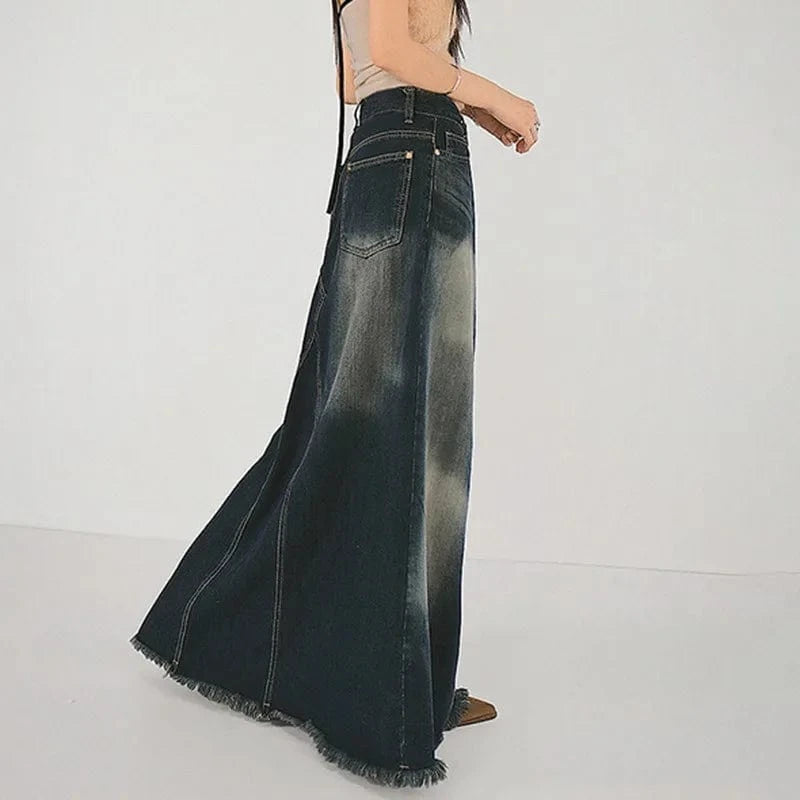Women's Clothing 2024 New Trend Streetwear Women Denim High Waist Zipper  Washed Vintage a Line Skirt Womens Maxi Denim Skirt