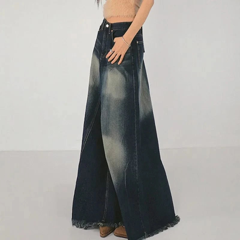 Women's Clothing 2024 New Trend Streetwear Women Denim High Waist Zipper  Washed Vintage a Line Skirt Womens Maxi Denim Skirt