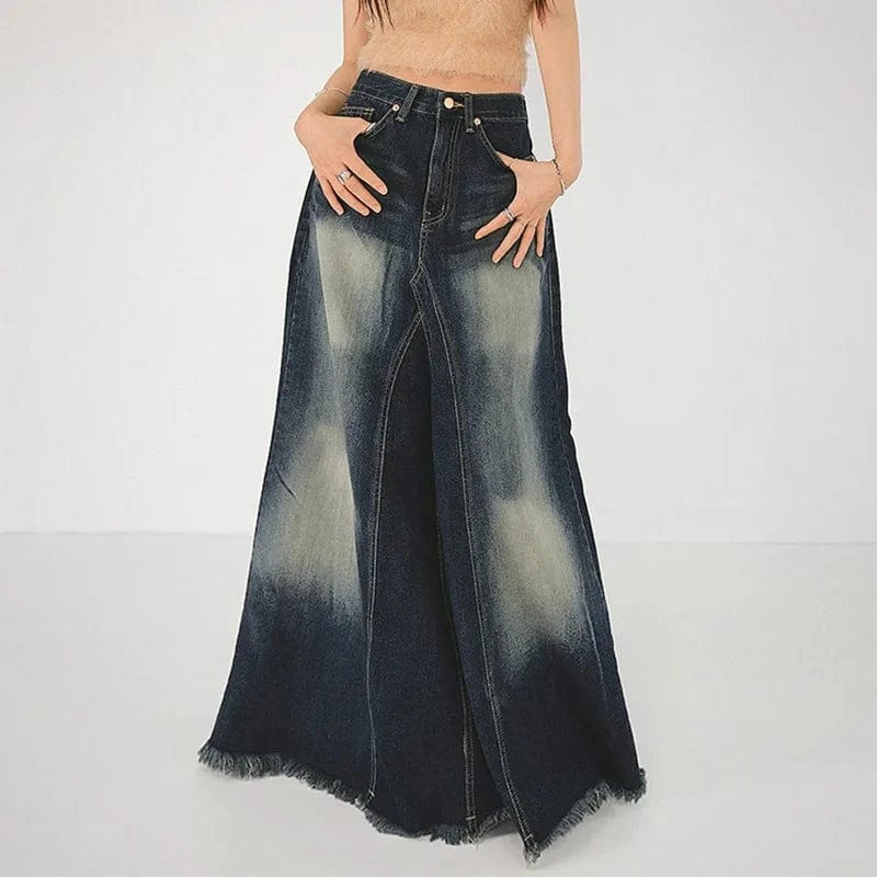 Women's Clothing 2024 New Trend Streetwear Women Denim High Waist Zipper  Washed Vintage a Line Skirt Womens Maxi Denim Skirt