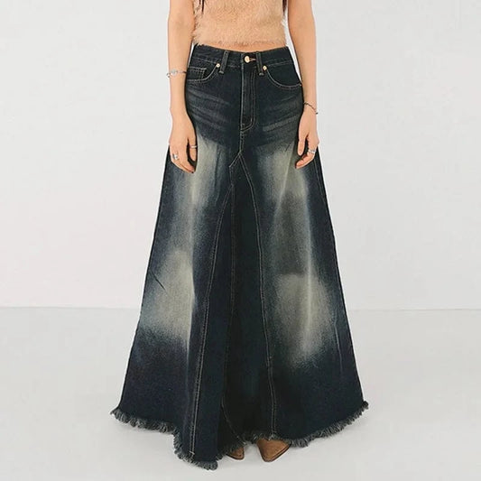 Women's Clothing 2024 New Trend Streetwear Women Denim High Waist Zipper  Washed Vintage a Line Skirt Womens Maxi Denim Skirt