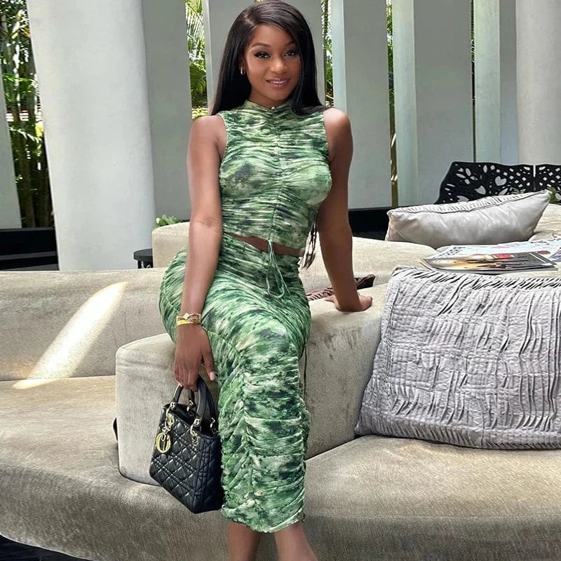 Women's Clothing Elegant Formal Fashion Print Sleeveless Drawstring Top Skirt Two-piece Suit Woman 2024 New Arrival