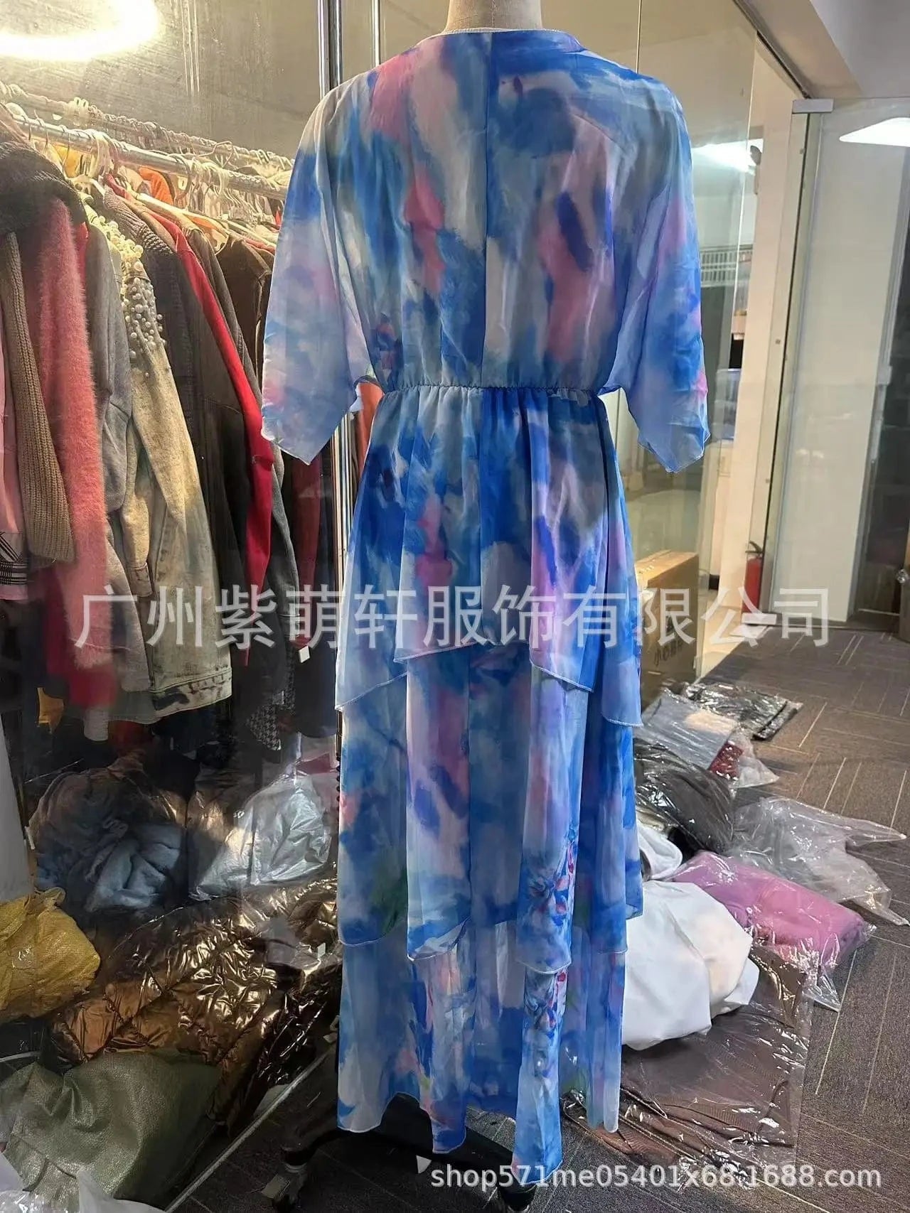 Women's Clothing Floral Flower Printing Multi Layered Dress V Neck Long Sleeve Fashion Casual Summer Dress