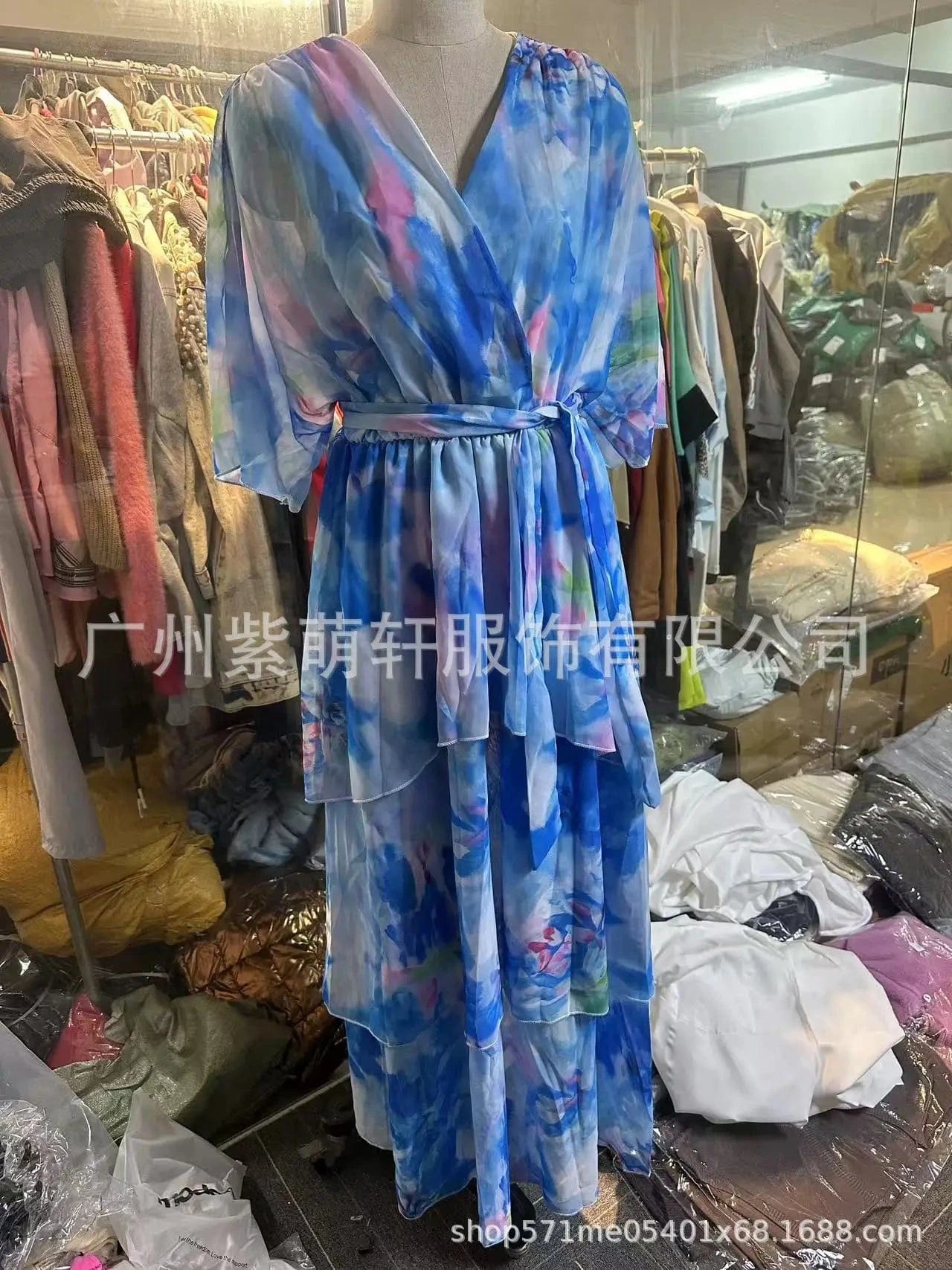 Women's Clothing Floral Flower Printing Multi Layered Dress V Neck Long Sleeve Fashion Casual Summer Dress