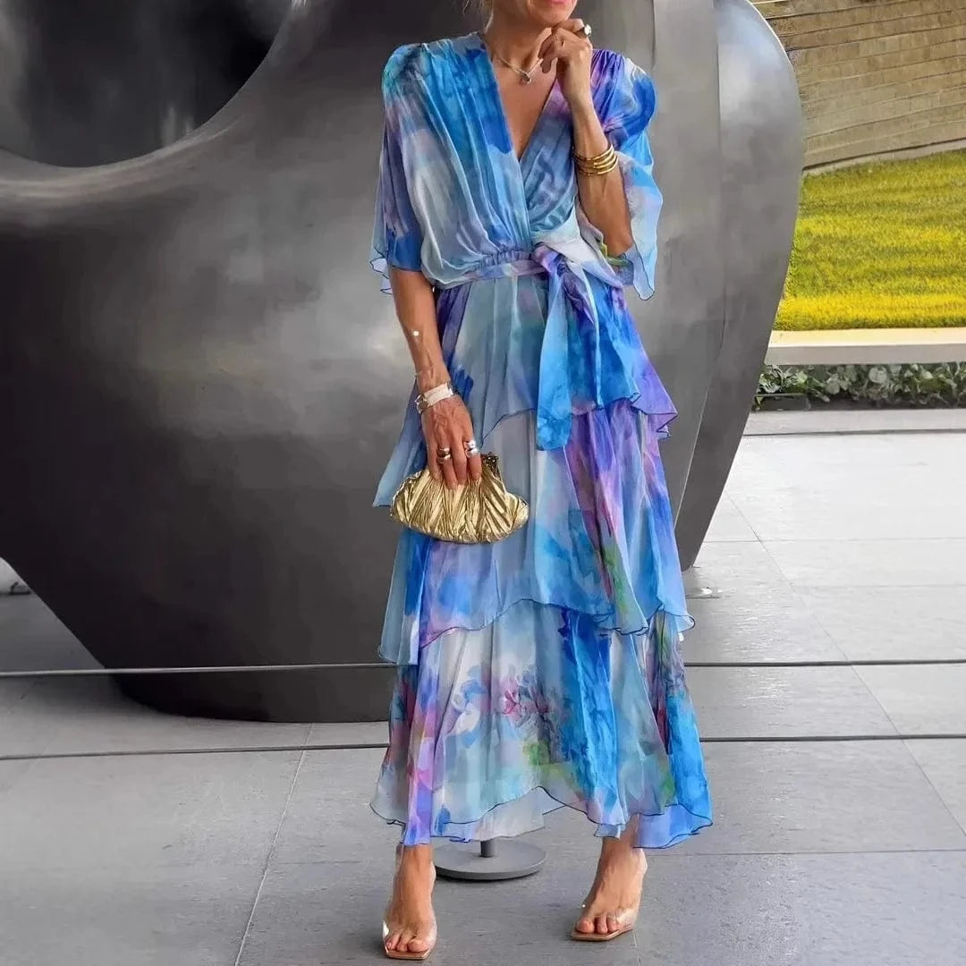 Women's Clothing Floral Flower Printing Multi Layered Dress V Neck Long Sleeve Fashion Casual Summer Dress