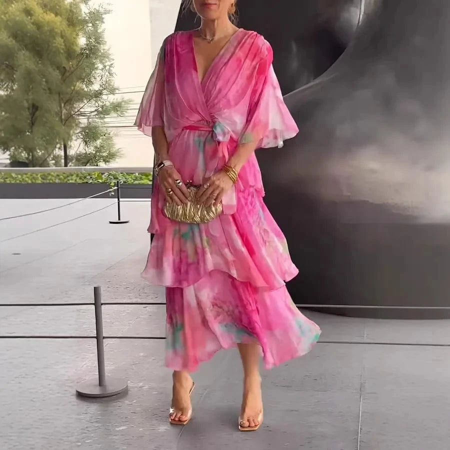 Women's Clothing Floral Flower Printing Multi Layered Dress V Neck Long Sleeve Fashion Casual Summer Dress