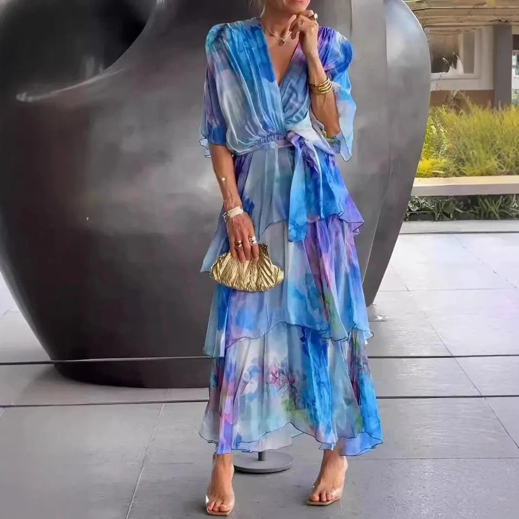 Women's Clothing Floral Flower Printing Multi Layered Dress V Neck Long Sleeve Fashion Casual Summer Dress