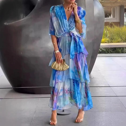 Women's Clothing Floral Flower Printing Multi Layered Dress V Neck Long Sleeve Fashion Casual Summer Dress
