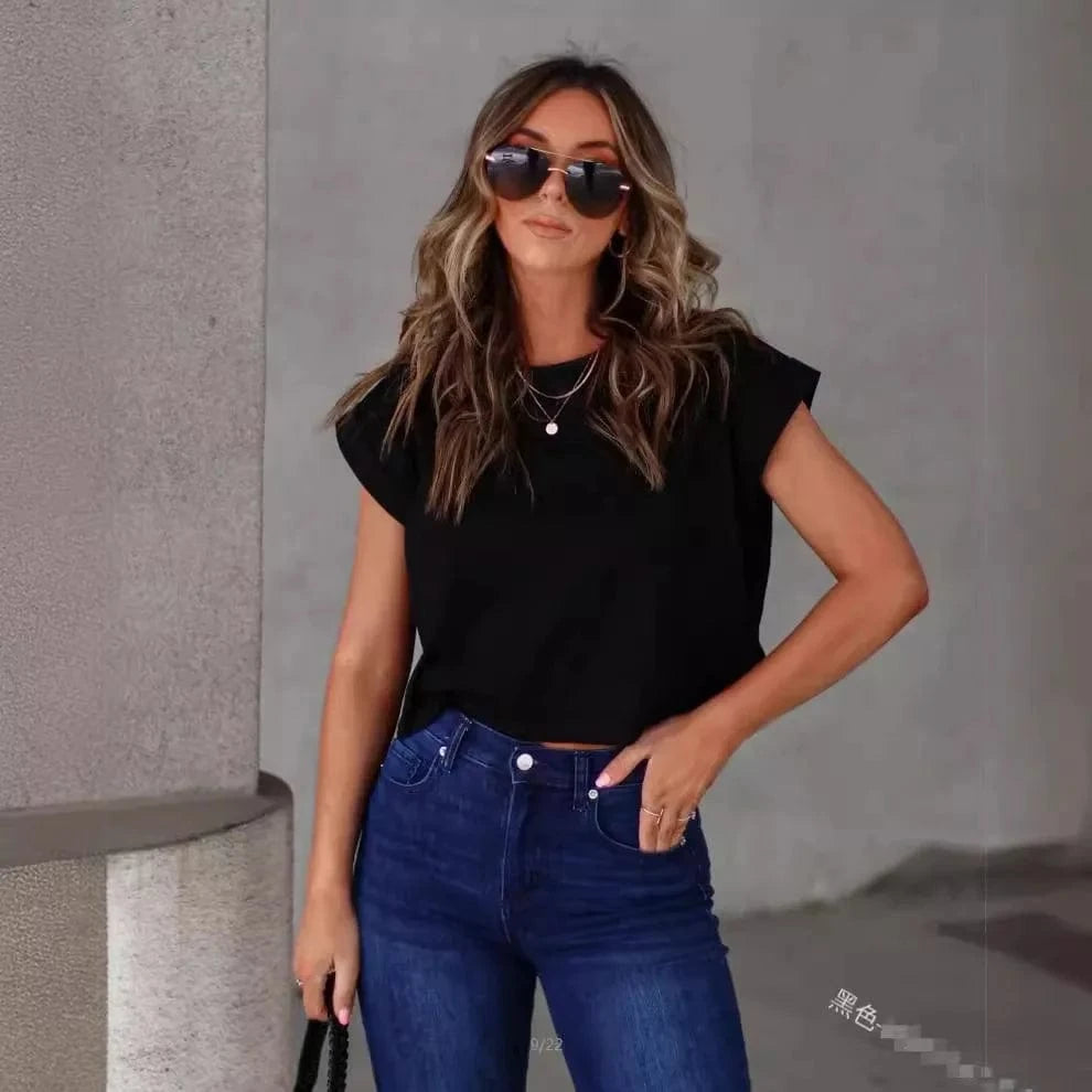 Women's Clothing New Fashion Casual Solid Color Pullover Round Neck Navel Short T-shirt Sexy Tee Top