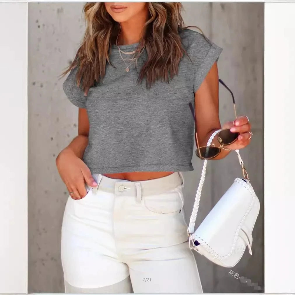 Women's Clothing New Fashion Casual Solid Color Pullover Round Neck Navel Short T-shirt Sexy Tee Top