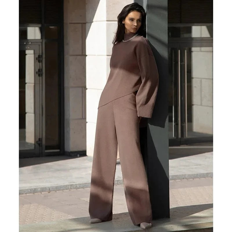 Women's Clothing New Women Half Turtleneck Sweater Set Womens Irregular Hypotenuse Sweater And Knit Wide Leg Pants Two Piece Set
