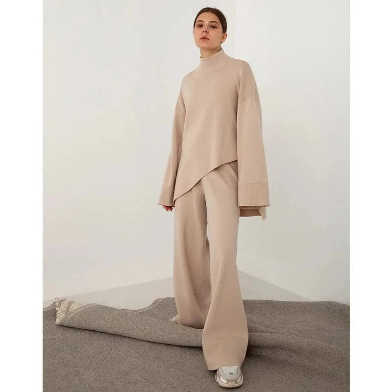 Women's Clothing New Women Half Turtleneck Sweater Set Womens Irregular Hypotenuse Sweater And Knit Wide Leg Pants Two Piece Set