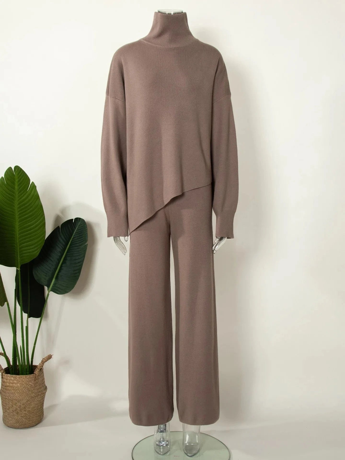 Women's Clothing New Women Half Turtleneck Sweater Set Womens Irregular Hypotenuse Sweater And Knit Wide Leg Pants Two Piece Set