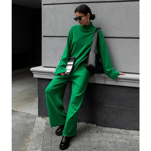 Women's Clothing New Women Half Turtleneck Sweater Set Womens Irregular Hypotenuse Sweater And Knit Wide Leg Pants Two Piece Set
