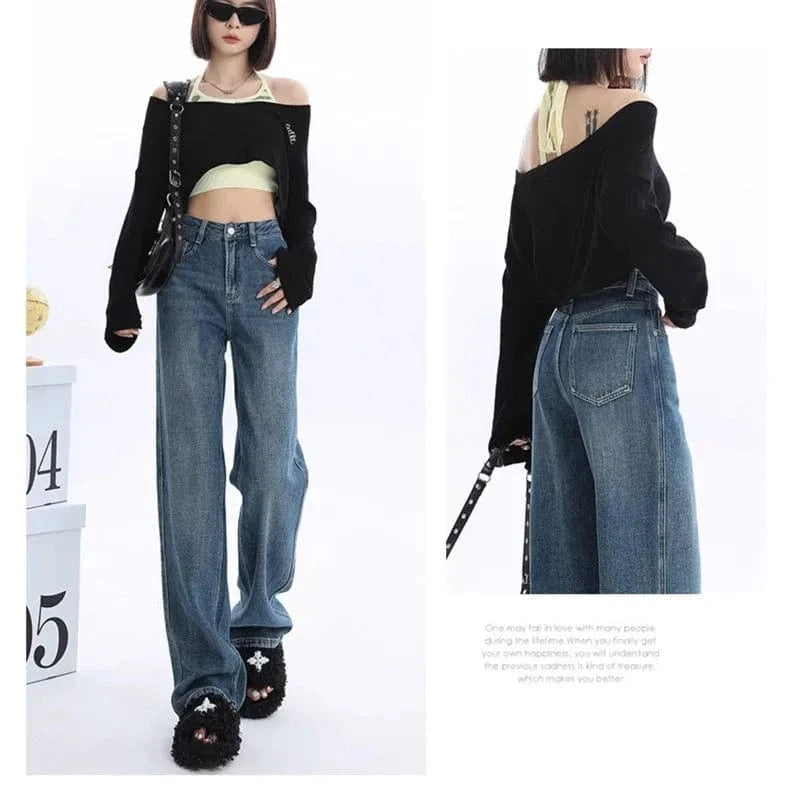 Women's clothing spring straight jeans high waist loose versatile pear shaped narrow version with wide legs and long pants